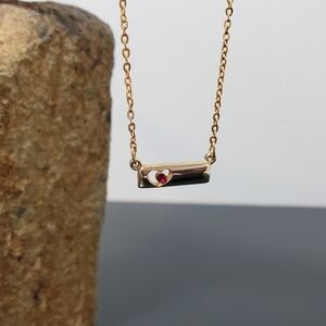 Vintage Gold Filled Bar Necklace 16” - Heart Cutout - Ruby Red Stone Accent